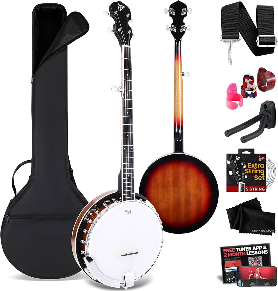 Pyle PNB5 Banjo 5-String with 24-Brackets, Mahogany Body, Geared 5th Tuner