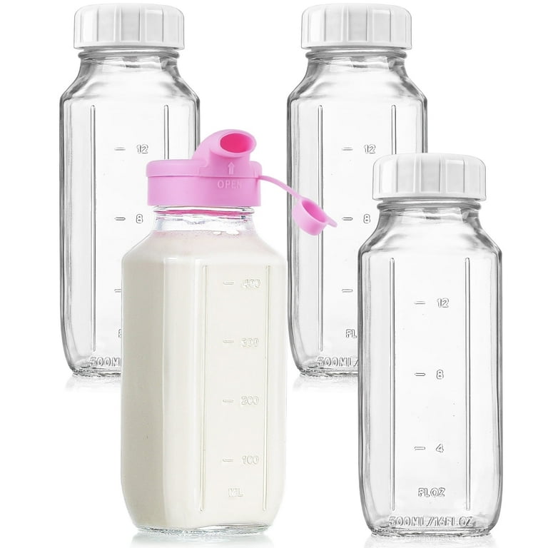 Reusable Glass Milk Bottles with Airtight Lids (16 oz)