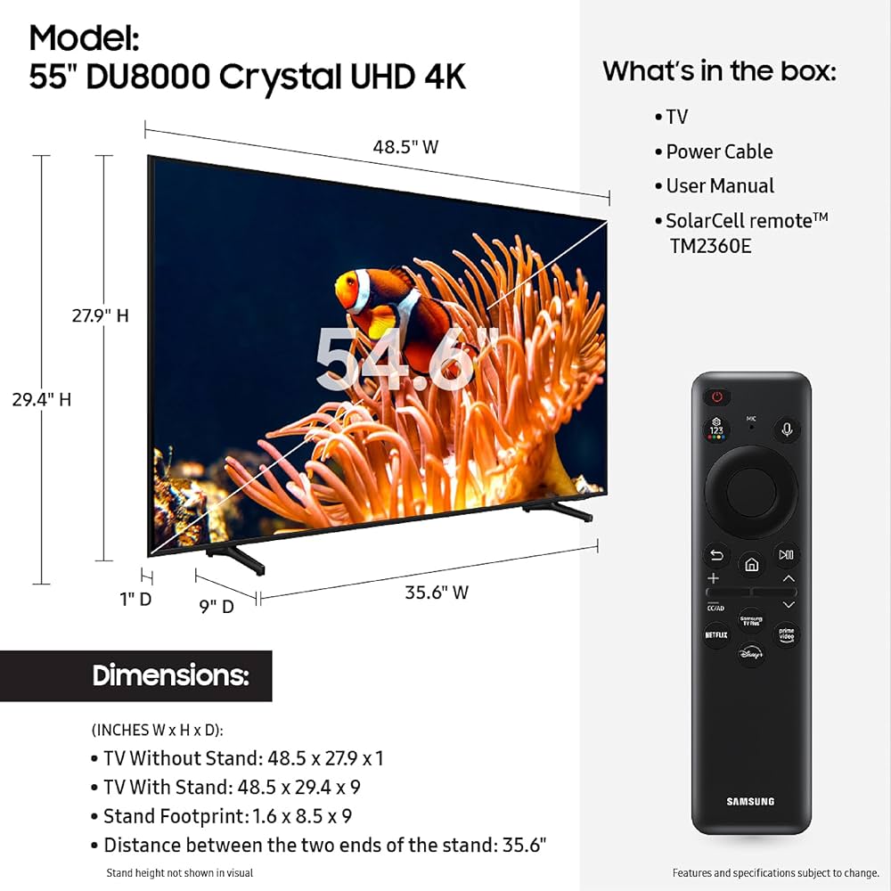 Samsung 55-inch DU8000 Crystal UHD 4K Smart TV (UN55DU8000FXZA, 2026 Model)