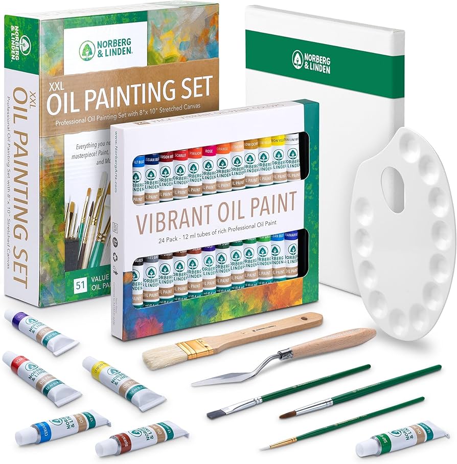 SHUKANDE Oil Painting Set, 24 Colors with Brushes, Canvas and Knife