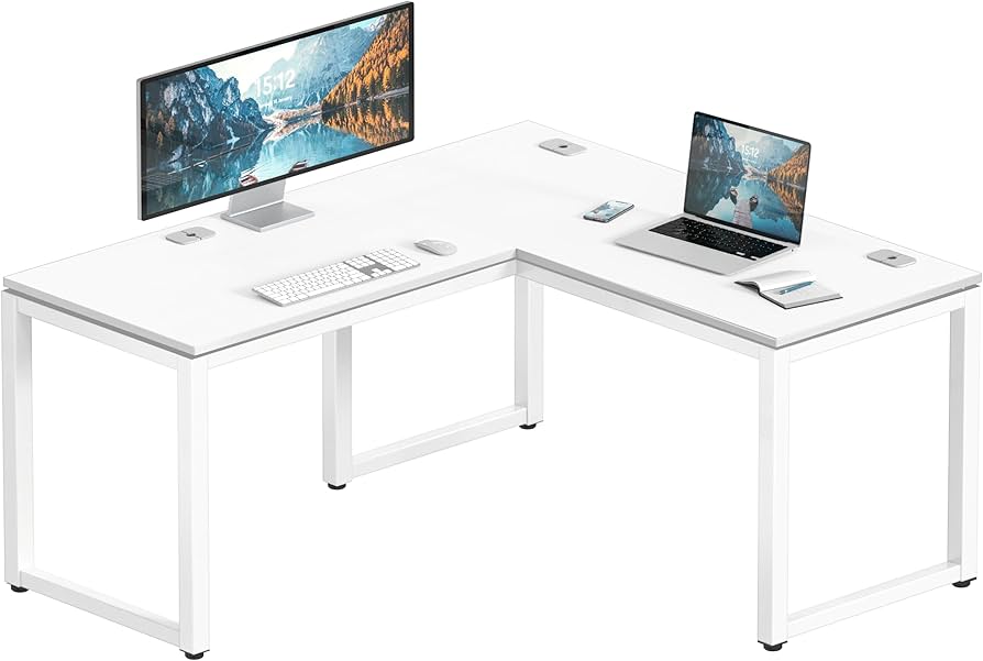 SHW 55-Inch L-Shaped Computer Desk + Homall Reclining Office Chair + Monitor Riser