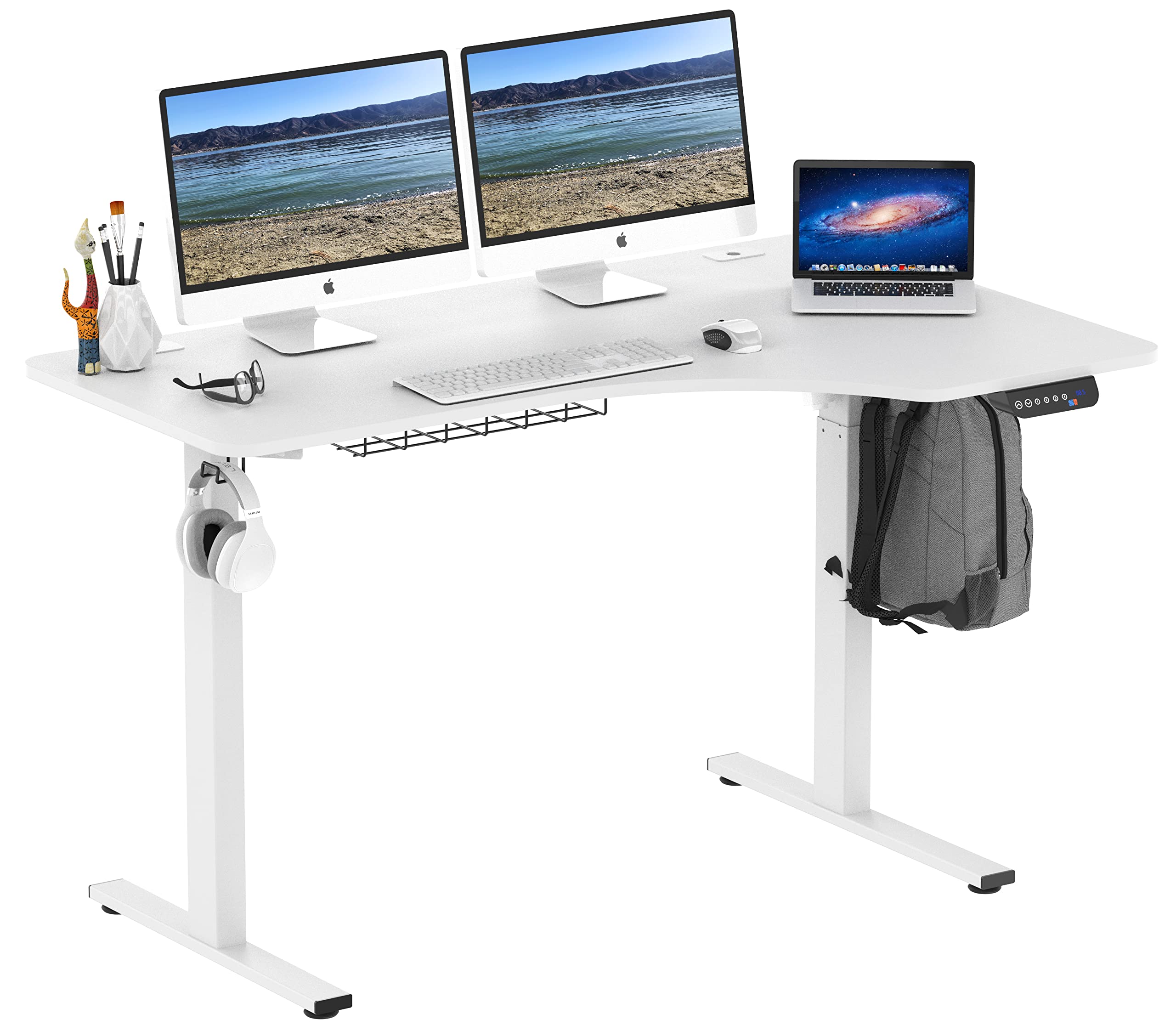 SHW 55-inch L-Shaped Home Office Desk + Colamy Adjustable Office Chair + ViewSonic VX2418-P-MHD 24-inch Monitor