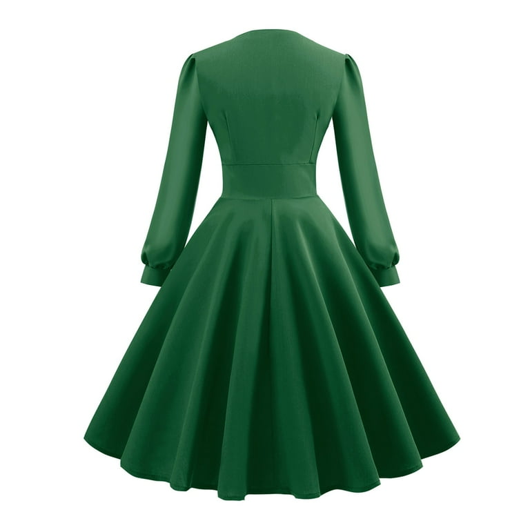 Women Christmas Dresses 1950s Vintage Retro Cocktail Party Midi Dresses Long Sleeve A Line V Neck Swing Dress 1-army Green 4X-Large