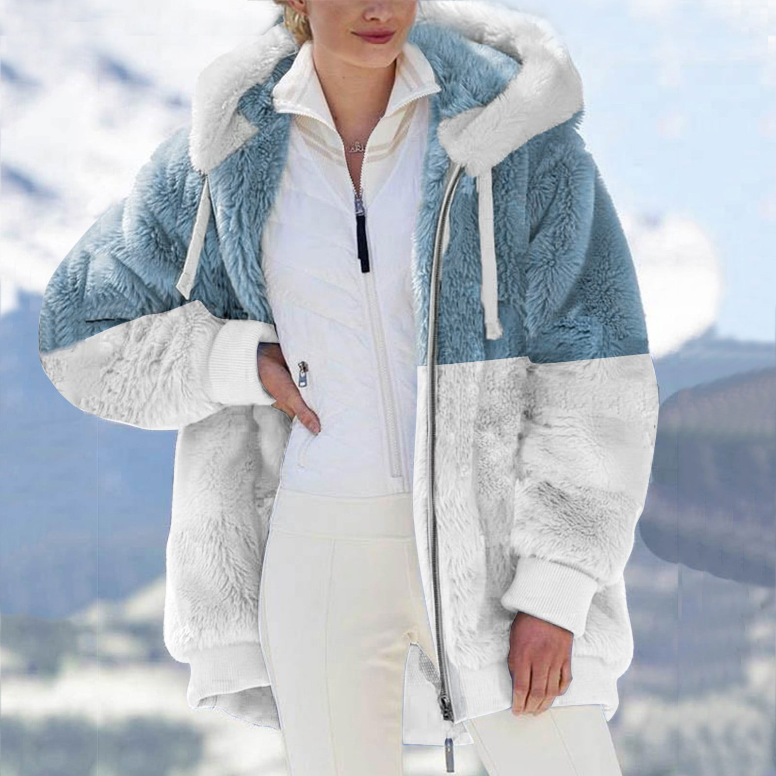 XUNRYAN Womens Fashion Color Block Faux Shearling Coat Warm Hooded Zip Up Fuzzy Winter Jacket Zip Up Outwear with Pockets Large A1#black